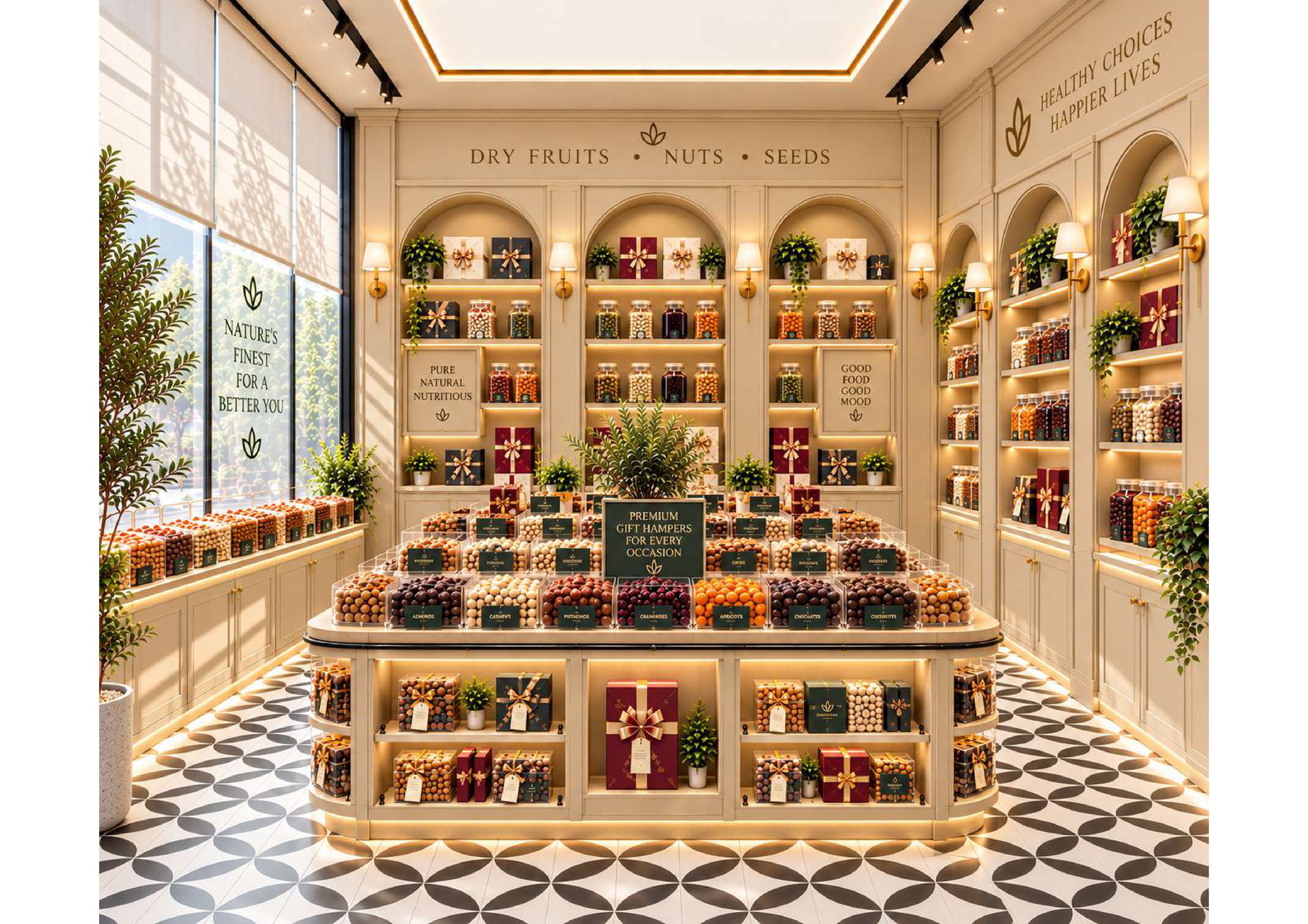 Olive green interior concept with arched shelves and gift displays